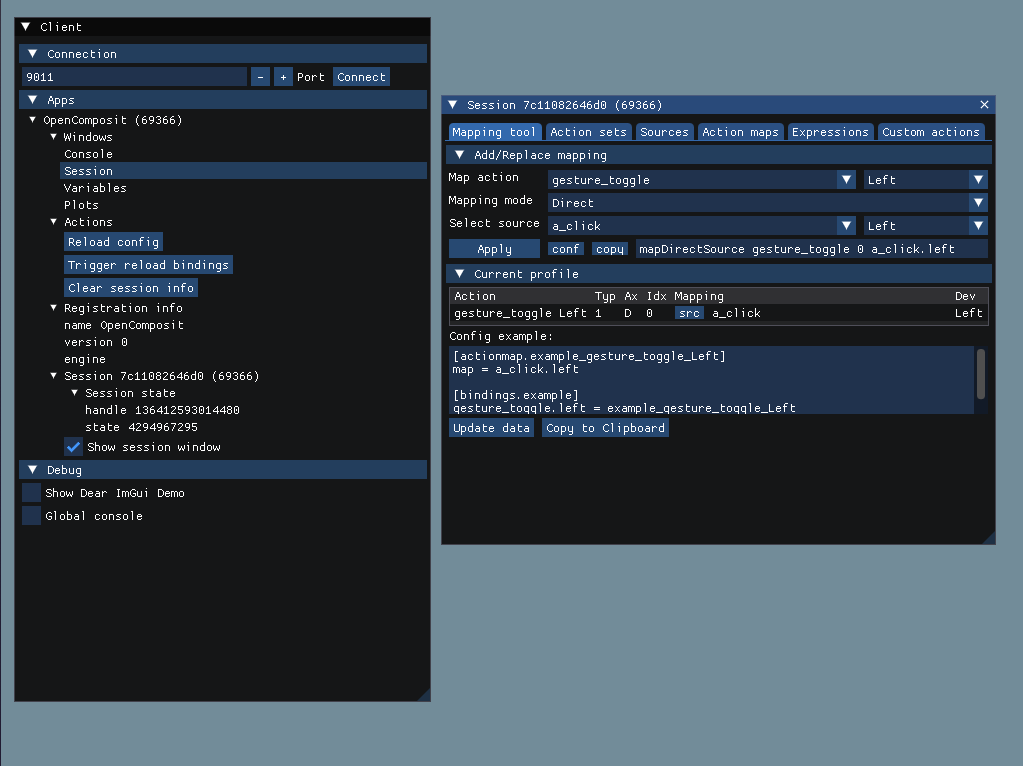 Example usage of xrBinder to bind gesture_toggle to the left A button xrBinder GUI